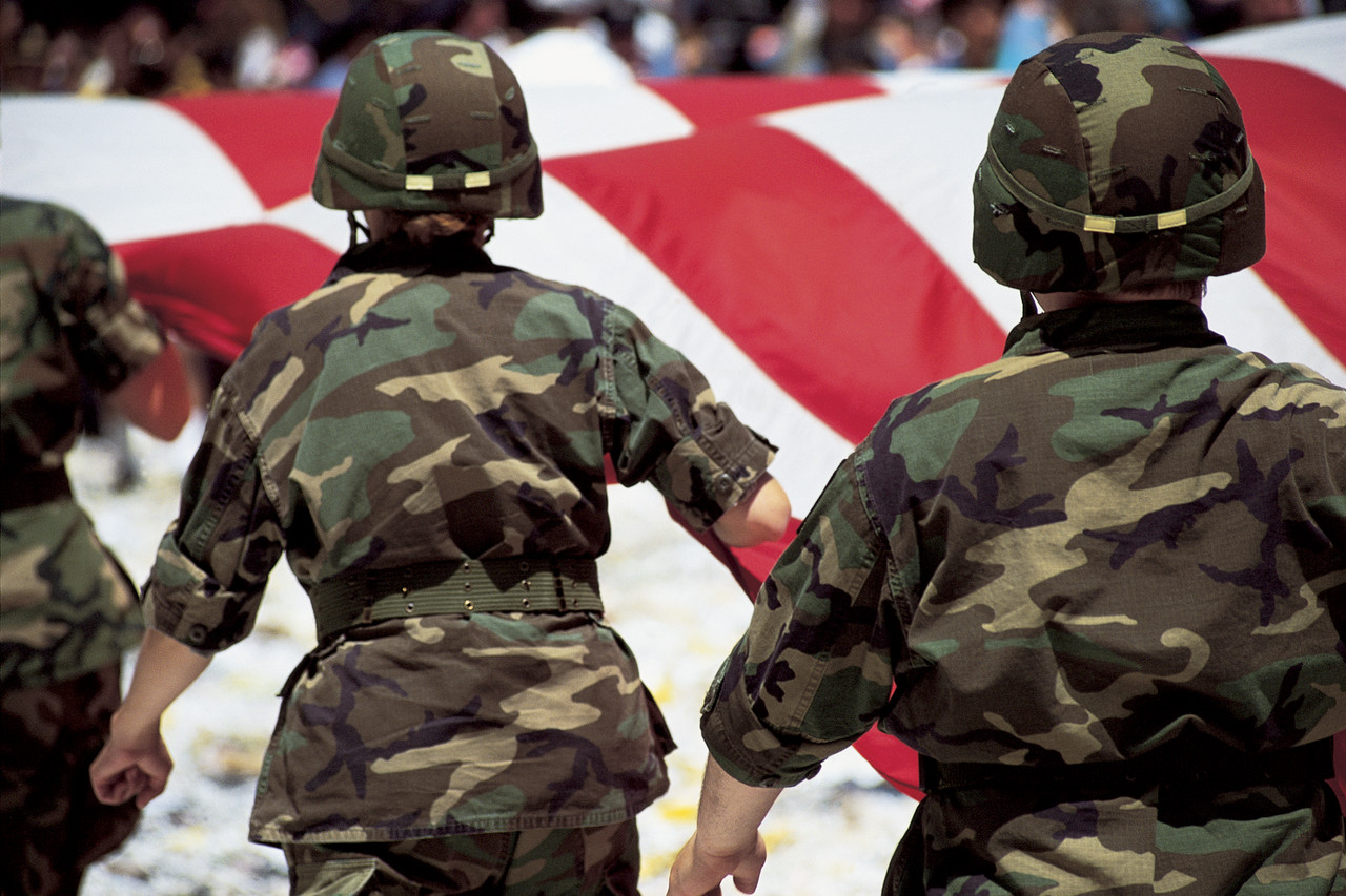 Soldiers with American Flag in Parade