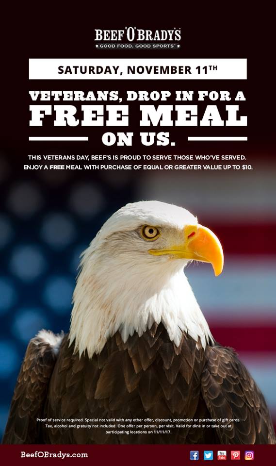 Drop In To Participating Beef 'O' Brady's For A Free Meal This Veterans