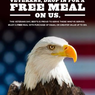 Drop In To Participating Beef 'O' Brady's For A Free Meal This Veterans Day!