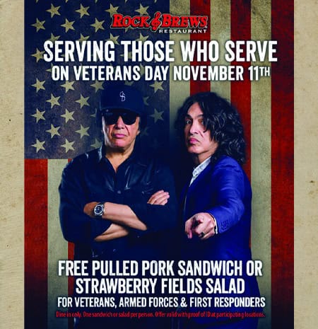 Rock & Brews Restaurants FREE Veterans Day FREE Pulled Pork Sandwich or Strawberry Fields Salad